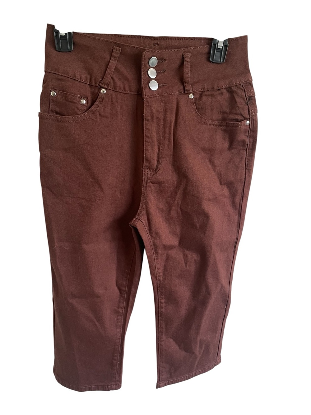 Trendy Chocolate Brown high-waisted capri pants with button detail